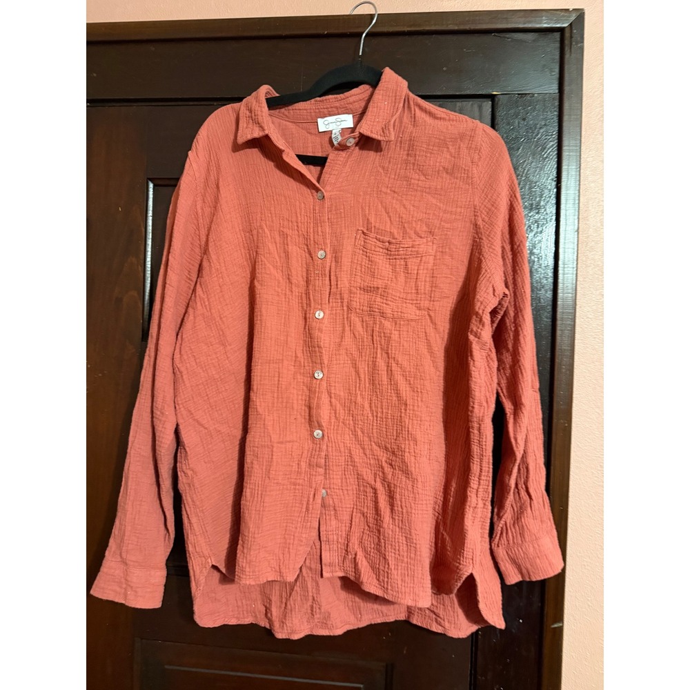 Jessica Simpson Coral Pink Cotton Gauze Button Down Shirt Large Salmon